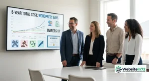 wordpress vs squarespace for small business - team reviewing 5-year total cost comparison showing WordPress wins