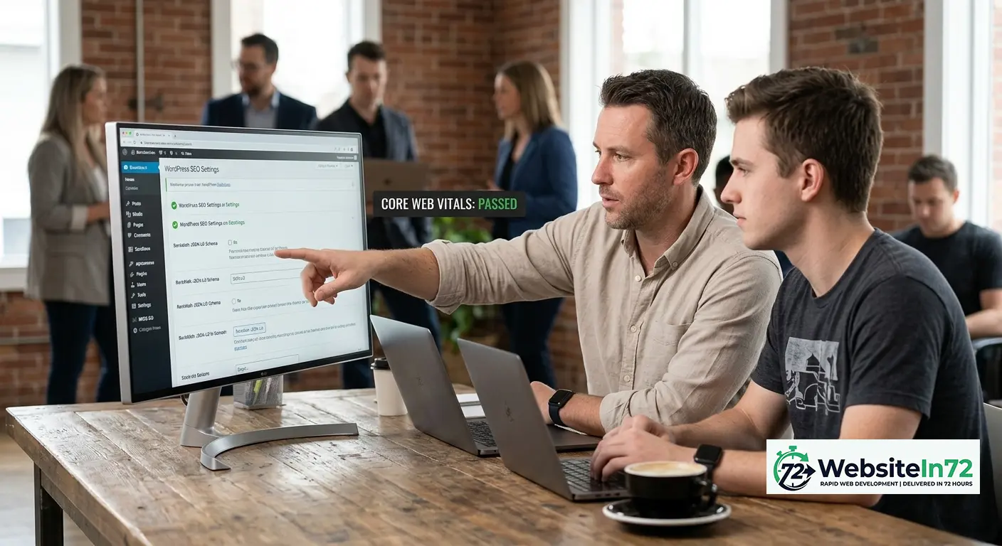 wordpress vs squarespace for small business - team reviewing WordPress SEO settings and Core Web Vitals passed